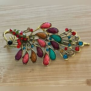 Gorgeous Rhinestone Peacock Bird 5” Elegant Hair Clip Barrette Multi Colored